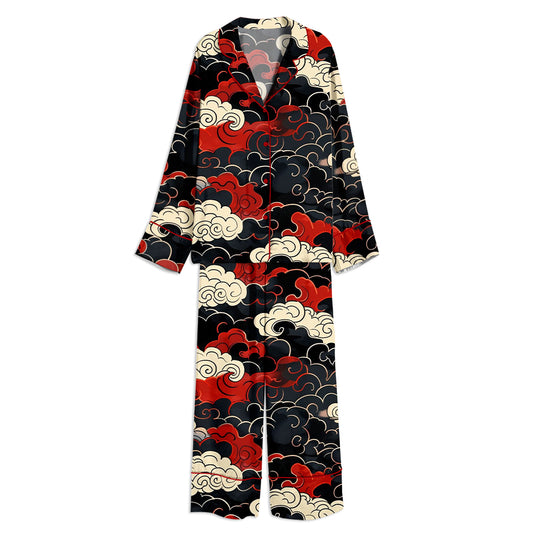 Stylized Clouds Pattern In Red Black And White Unisex Long Sleeve Satin Pajama Set