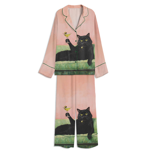 Chic Cat Drinking Martini Unisex Long Sleeve Satin Pajama Set