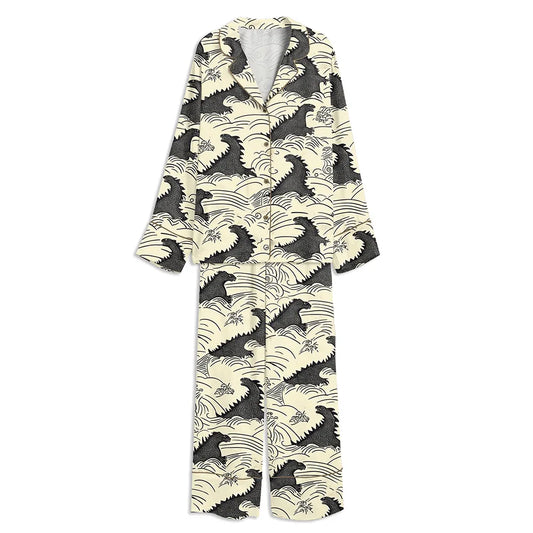 Godzilla Emerging From Traditional Japanese Waves Unisex Long Sleeve Satin Pajama Set