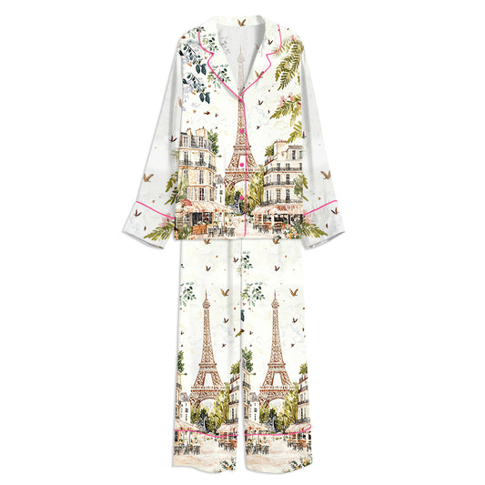 Tokyo-mood Watercolor Eiffel Tower Paris Street Scene Unisex Long Sleeve Silky Satin Pajama Set