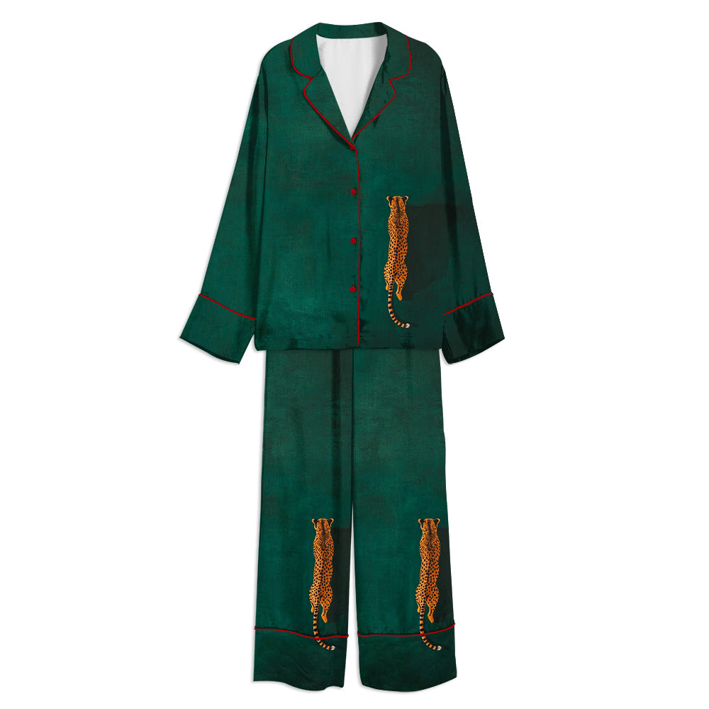 Emerald Green Cheetah Unisex Long Sleeve Satin Pajama Set