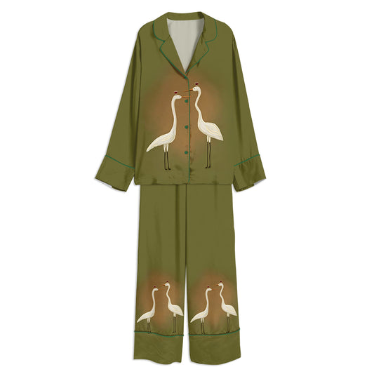 Tokyo-mood Green Wine Glass Duck Unisex Long Sleeve Silky Satin Pajama Set