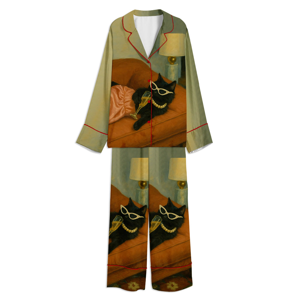 Chic Black Cat Champagne Cheers Unisex Long Sleeve Satin Pajama Set