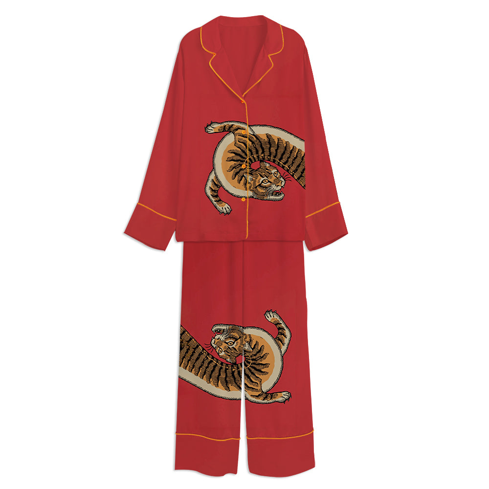 Japanese Vintage Tiger Cat Unisex Long Sleeve Satin Pajama Set