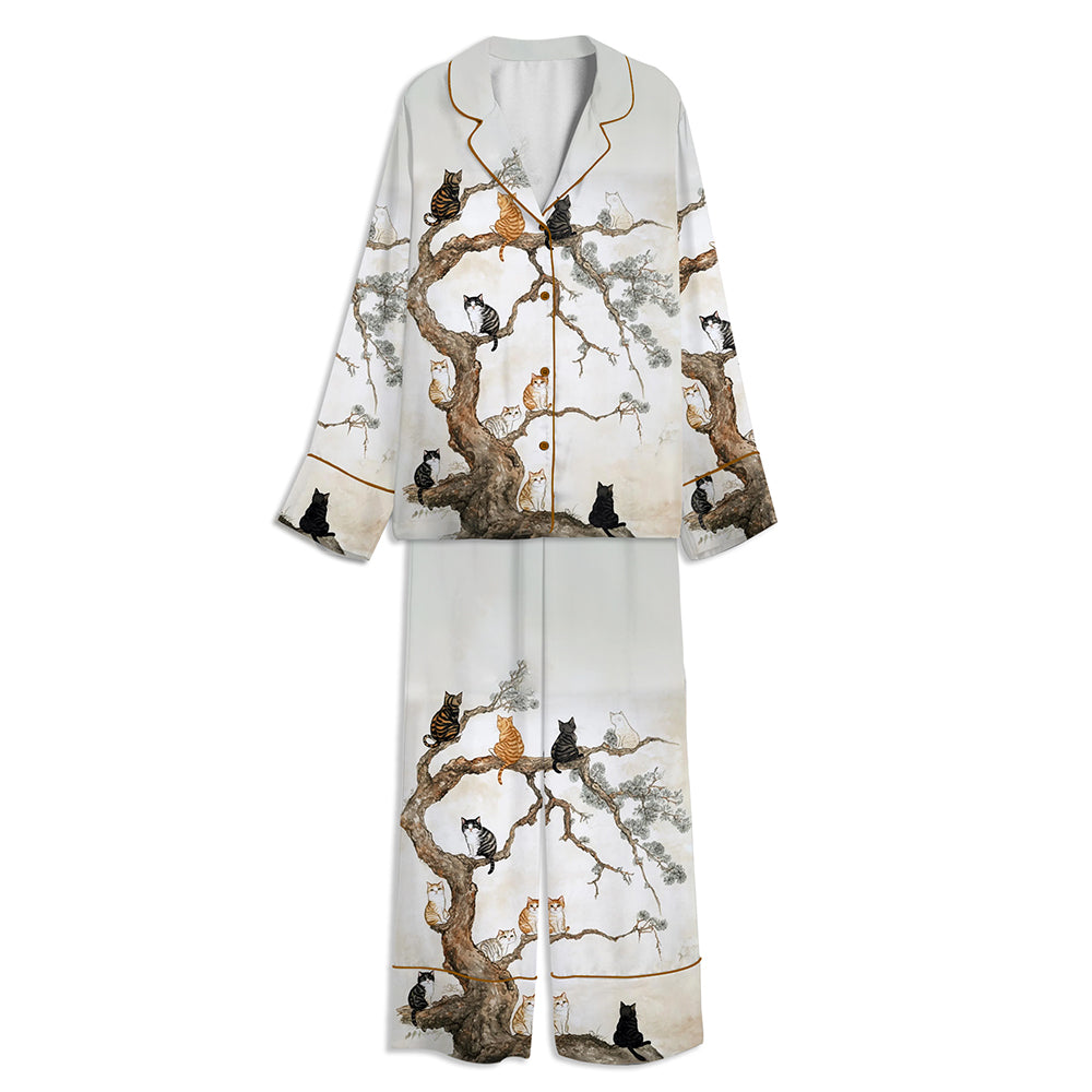 Japanese Cats On Tree Unisex Long Sleeve Satin Pajama Set