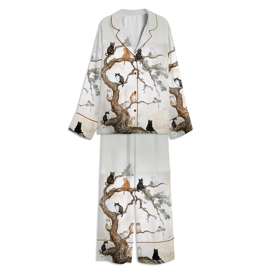 Japanese Cats On Tree Unisex Long Sleeve Satin Pajama Set