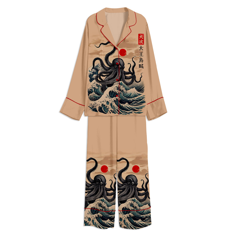 Japanese Octopus Wave Ukiyo-e Ocean Unisex Long Sleeve Satin Pajama Set