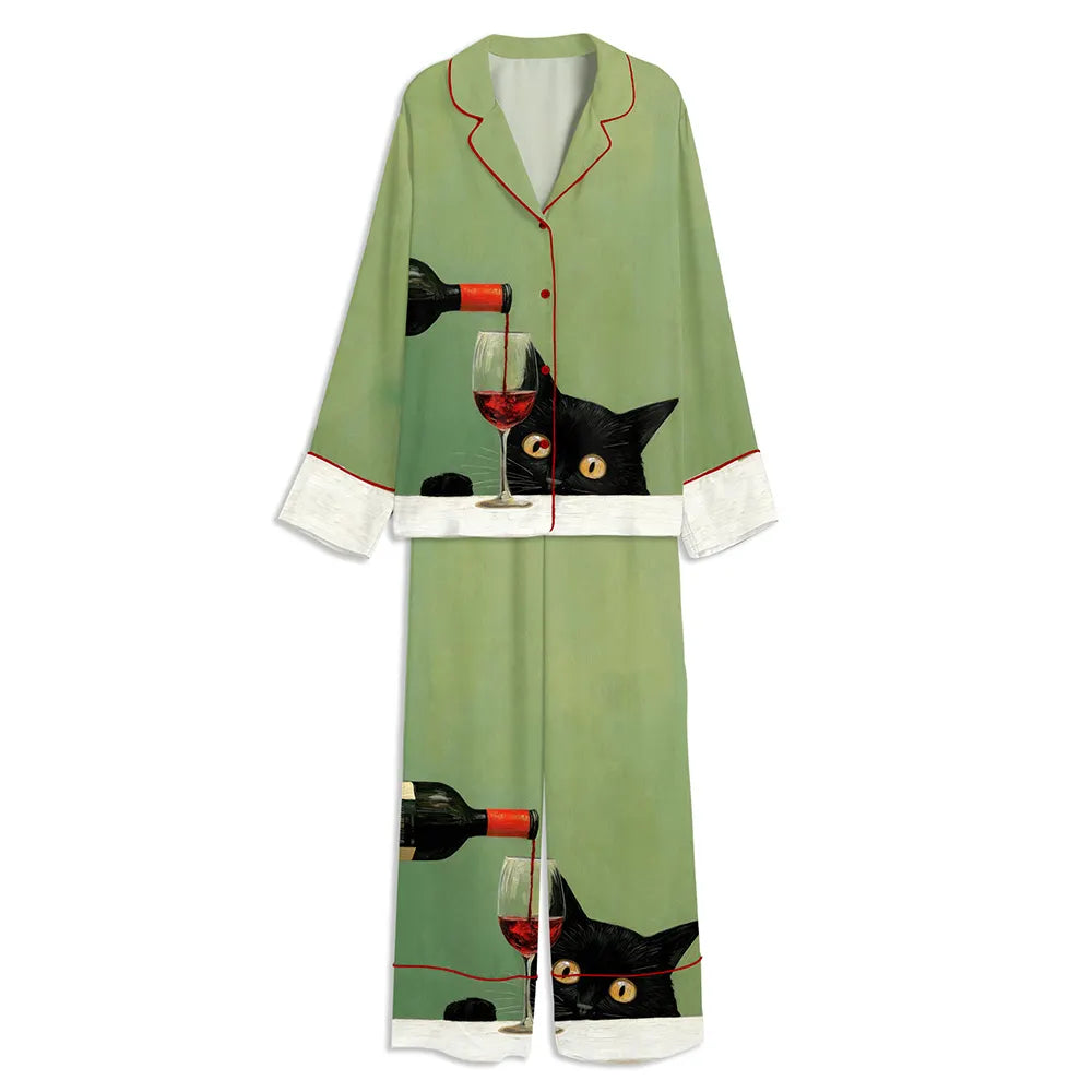Whimsical Black Cat With Wine Glass Print Unisex Long Sleeve Satin Pajama Set