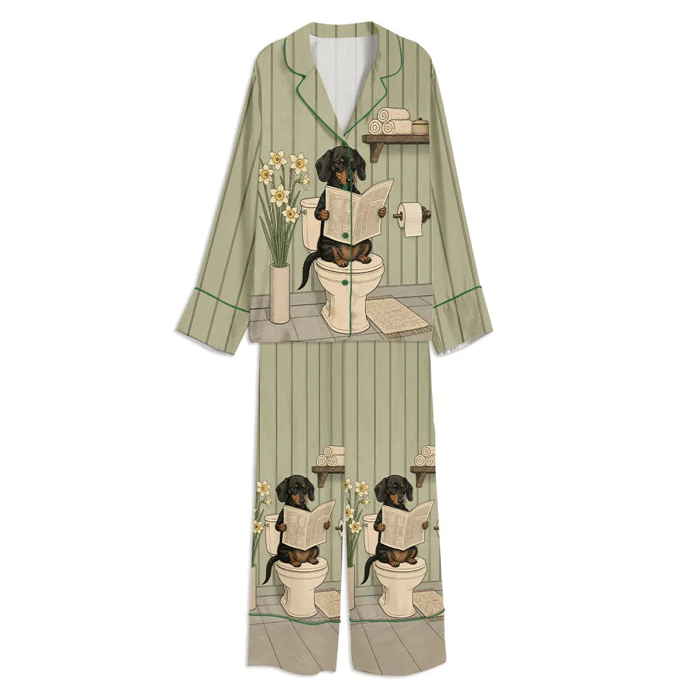 Tokyo-mood Dachshund Daily Funny Dog Bathroom Reading Print Unisex Long Sleeve Silky Satin Pajama Set