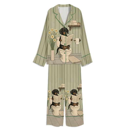 Tokyo-mood Dachshund Daily Funny Dog Bathroom Reading Print Unisex Long Sleeve Silky Satin Pajama Set