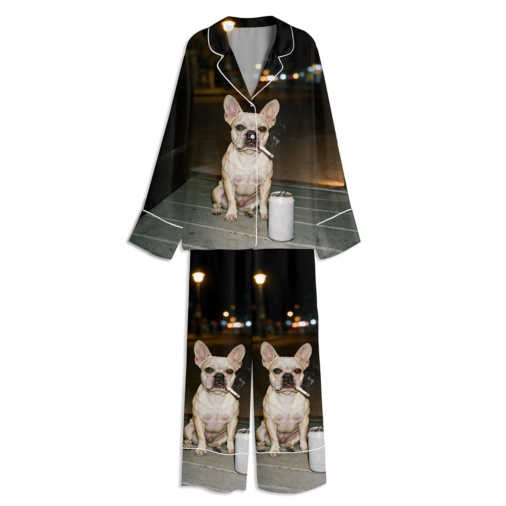 I Got That Dog In Me French Bulldog Smoking Unisex Long Sleeve Satin Pajama Set