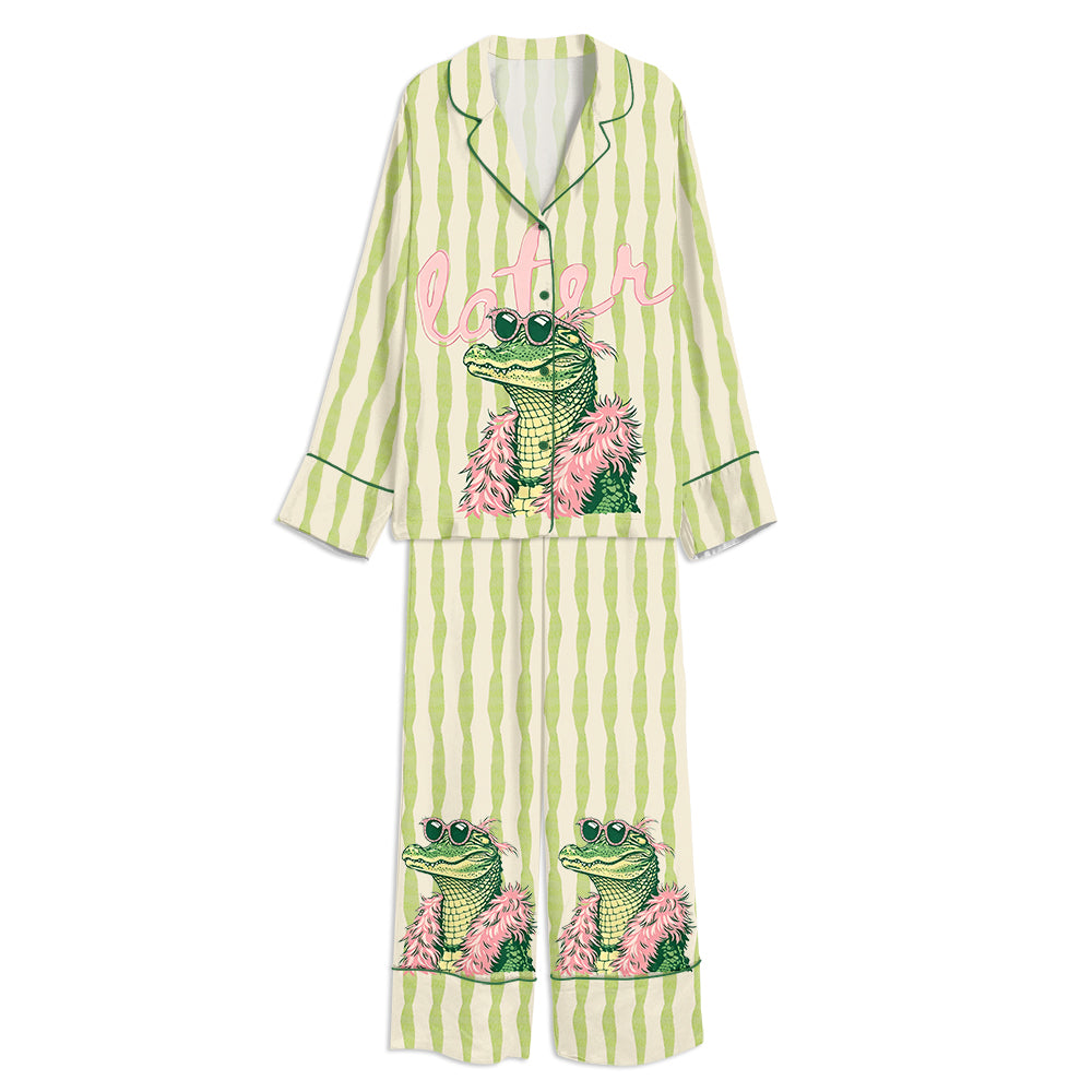 Tokyo-mood Later Gator Preppy Girl Alligator Unisex Long Sleeve Silky Satin Pajama Set