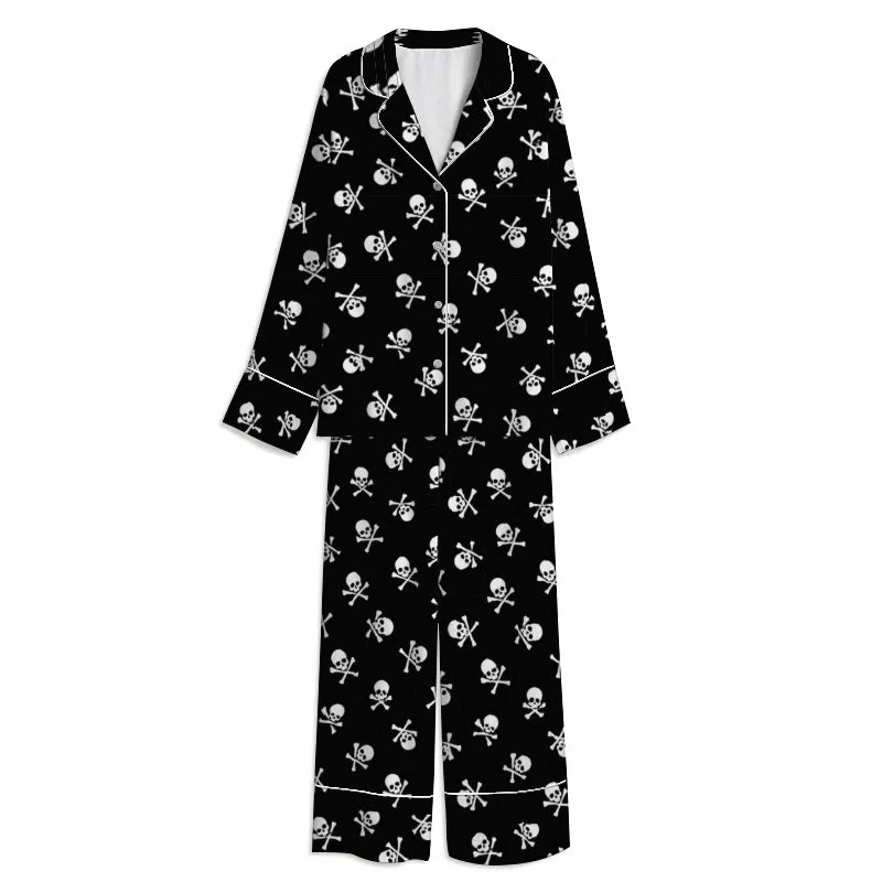 Tokyo-Mood Halloween Pirate Skull Black Unisex Long Sleeve Silky Satin Pajama Set