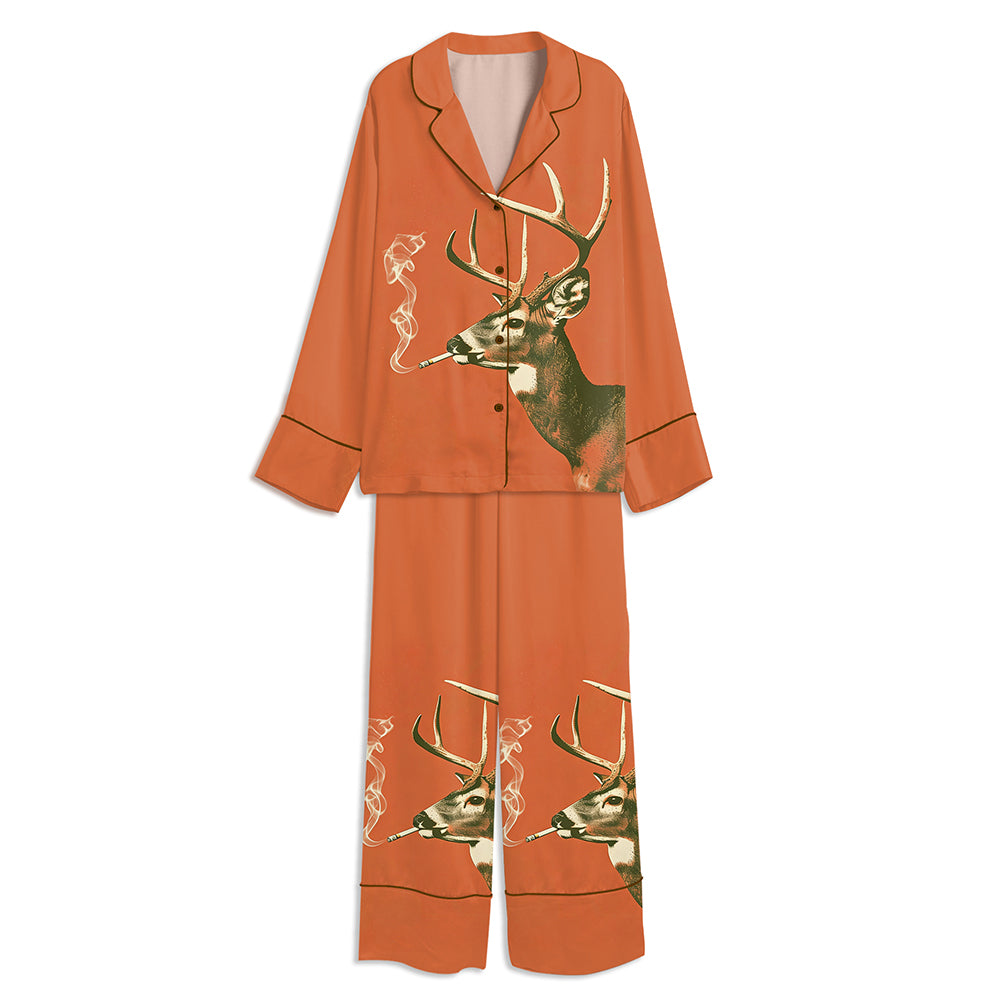 Buck Smoking A Cigarette Funny Deer Unisex Long Sleeve Satin Pajama Set