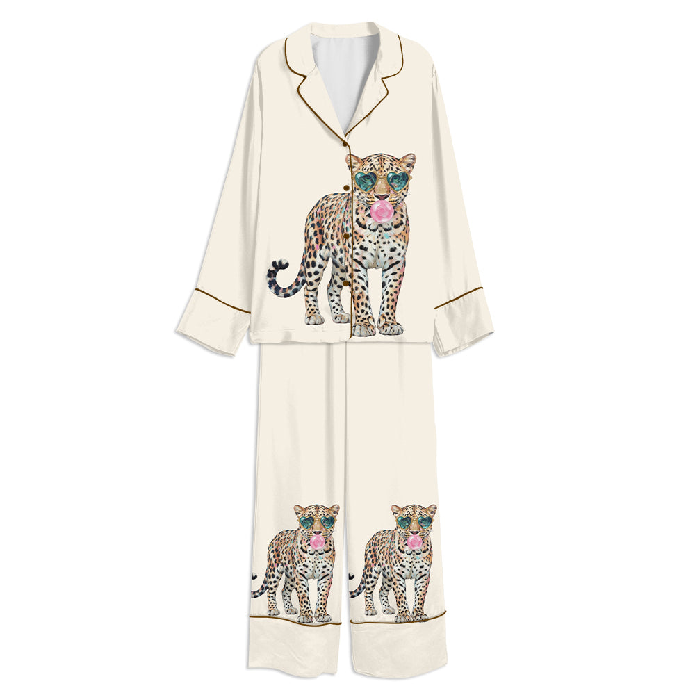 Tokyo-mood Leopard Bubblegum Sunglasses Cute Animal Unisex Long Sleeve Silky Satin Pajama Set