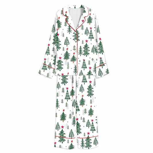Tokyo-Mood Christmas Scandinavian Pine Forest White Unisex Long Sleeve Silky Satin Pajama Set