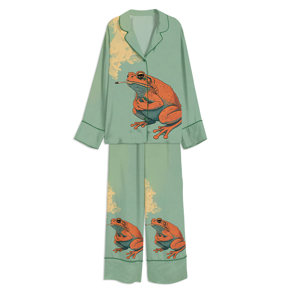 Japanese The Portland Frog Smoking Cigarette Unisex Long Sleeve Satin Pajama Set