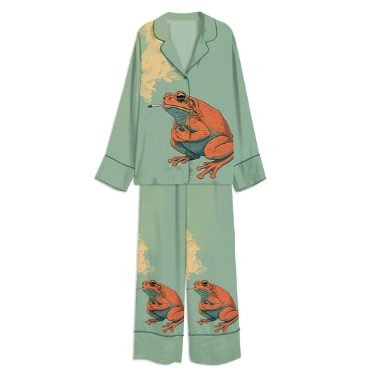 Japanese The Portland Frog Smoking Cigarette Unisex Long Sleeve Satin Pajama Set