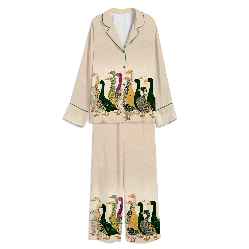 Colorful Folk Style Duck Unisex Long Sleeve Satin Pajama Set