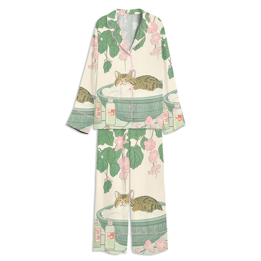 Tabby Cat In Bathtub Ukiyo-e Style Unisex Long Sleeve Satin Pajama Set