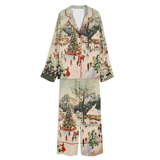Winter Town Square Art Print Festive Christmas Scene Unisex Long Sleeve Satin Pajama Set