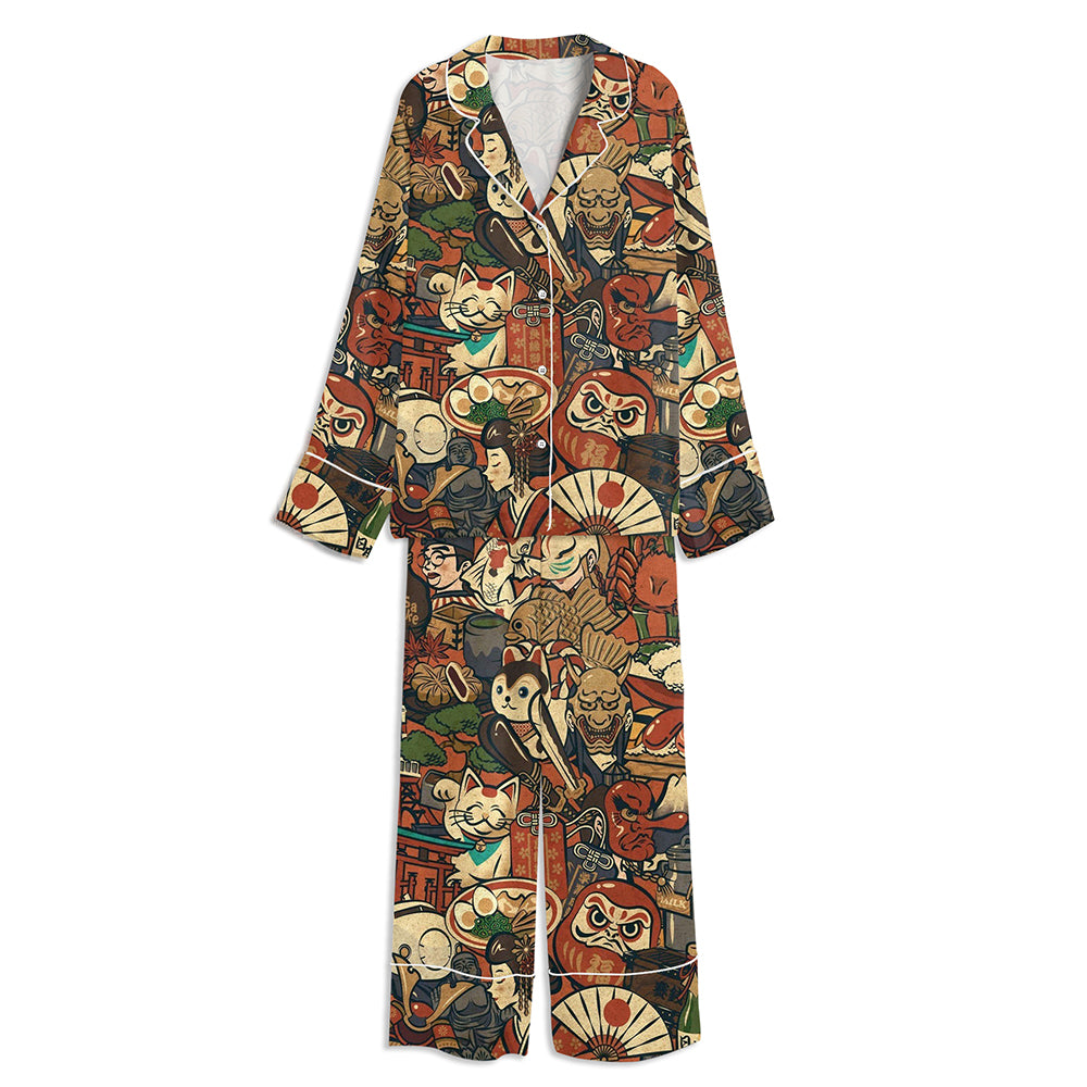 Japanese Sake Lucky Daruma Lucky Charm Unisex Long Sleeve Satin Pajama Set