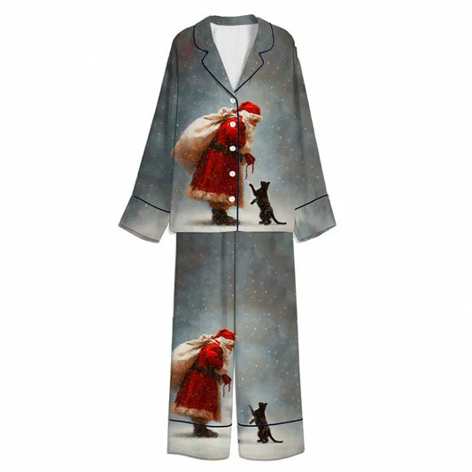 Tokyo-Mood Christmas Santa’s Snowy Black Cat Encounter Blue Unisex Long Sleeve Silky Satin Pajama Set