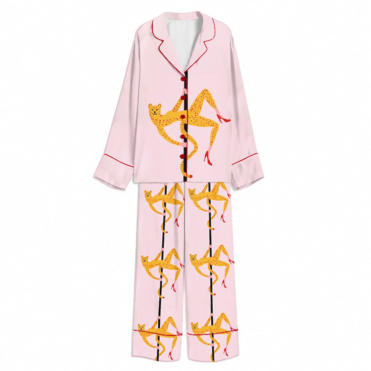 Tokyo-Mood Pole Dancing Leopard Blush Pink Unisex Long Sleeve Silky Satin Pajama Set