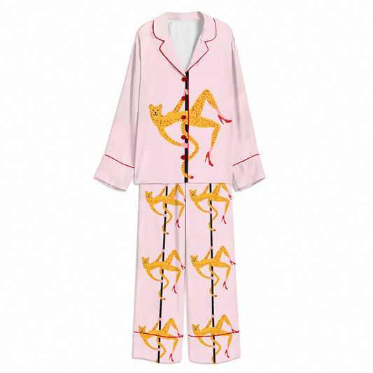 Tokyo-Mood Pole Dancing Leopard Blush Pink Unisex Long Sleeve Silky Satin Pajama Set