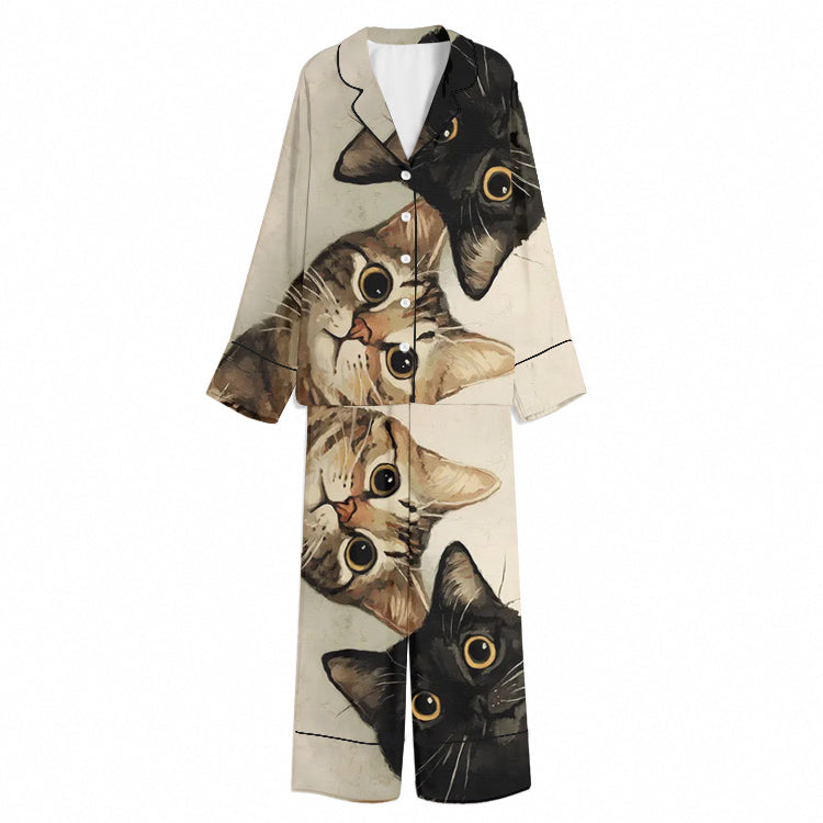 Tokyo-Mood Wide-Eyed Cat Peekaboo Cream Unisex Long Sleeve Silky Satin Pajama Set