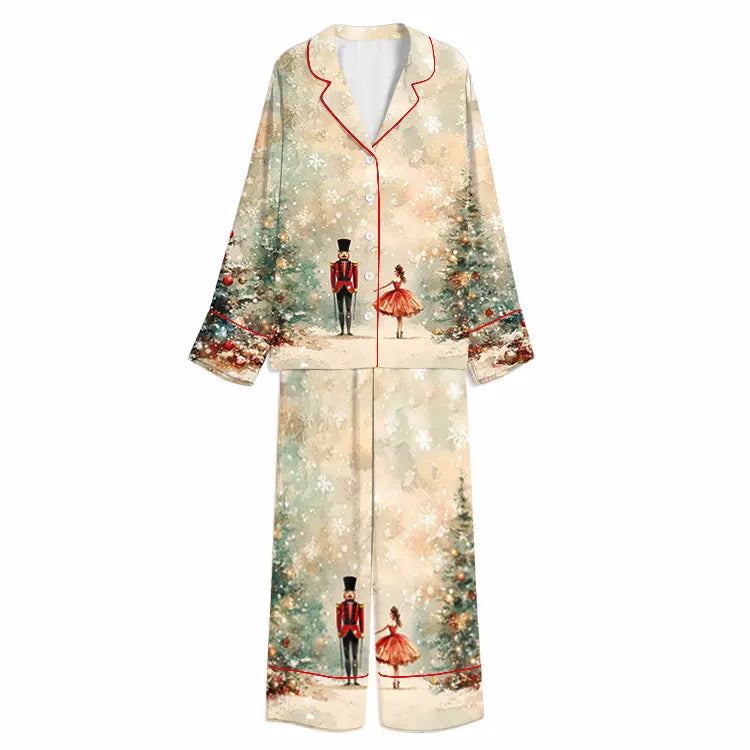 Tokyo-Mood Christmas Nutcracker Ballerina Snowfall Cream Unisex Long Sleeve Silky Satin Pajama Set
