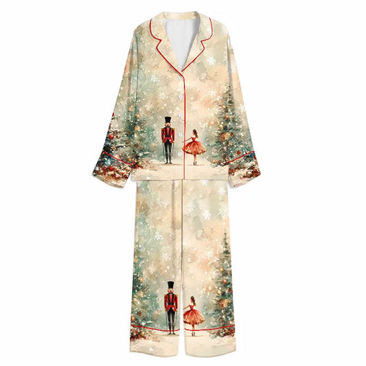 Tokyo-Mood Christmas Nutcracker Ballerina Snowfall Cream Unisex Long Sleeve Silky Satin Pajama Set