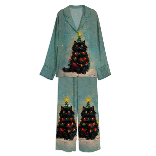 Black Cat Christmas Tree Unisex Long Sleeve Satin Pajama Set