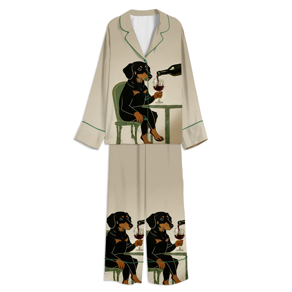 Dachshund Dog With Wine Glass Unisex Long Sleeve Satin Pajama Set