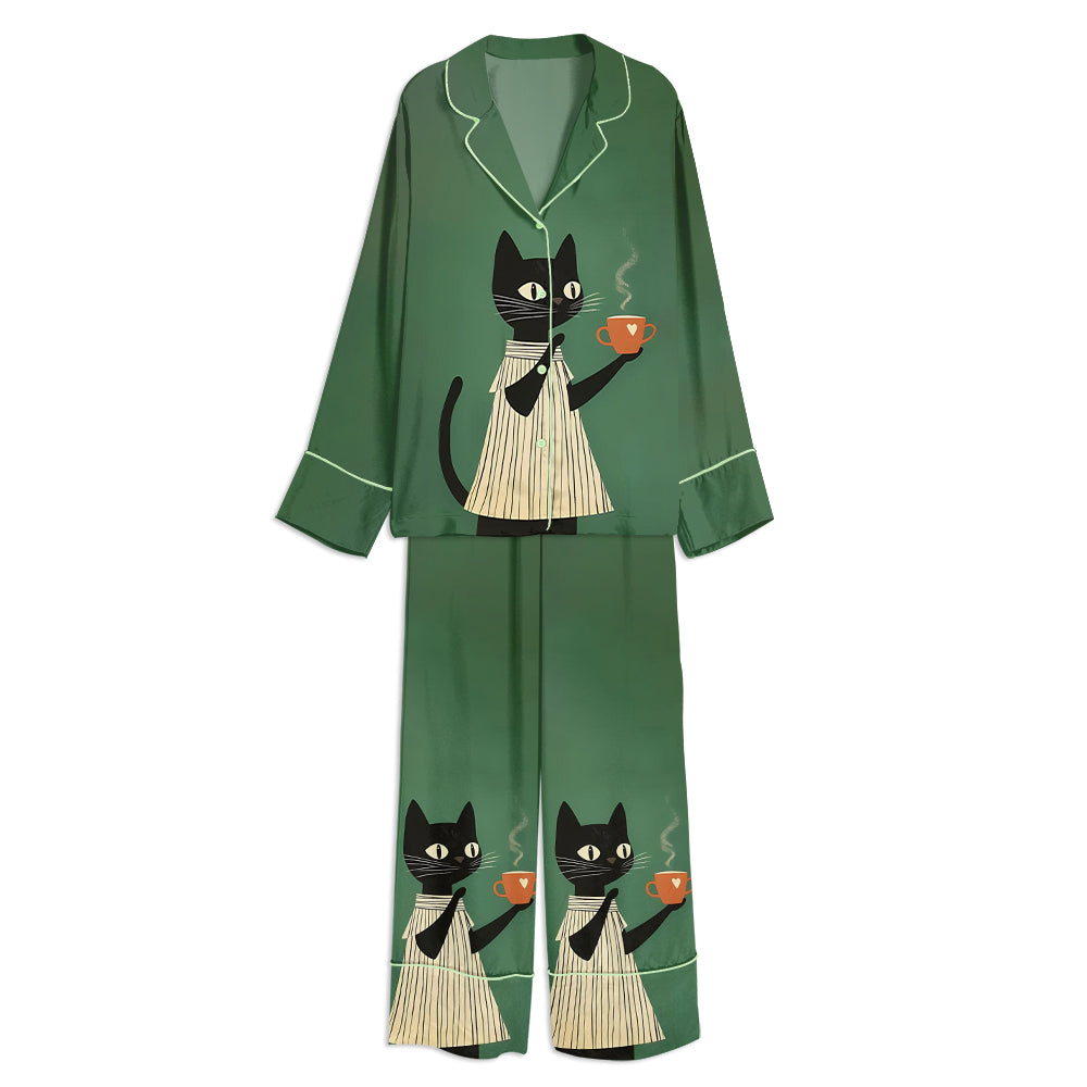 Cute Cat Coffee Print Cat Lovers Unisex Long Sleeve Satin Pajama Set
