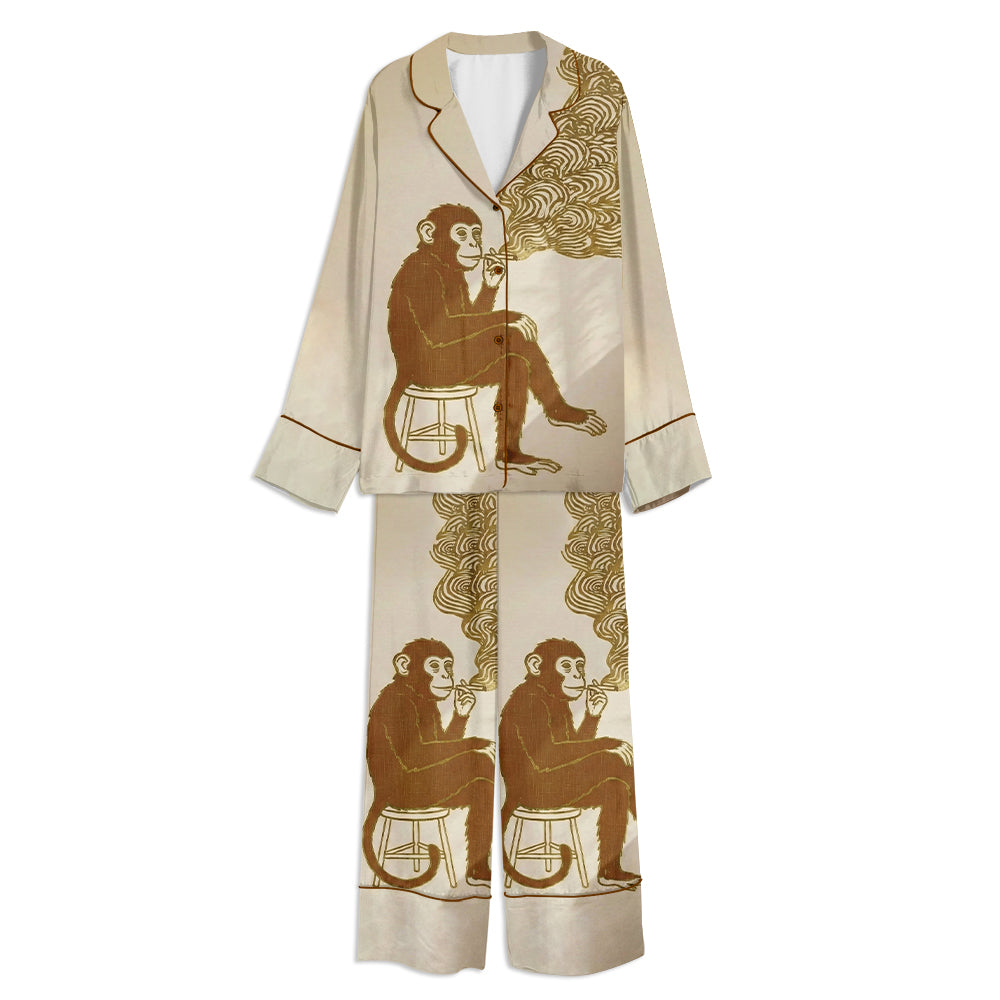 Monkey Smoking A Cigarette Vintage Unisex Long Sleeve Satin Pajama Set