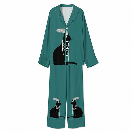 Tokyo-Mood Feathered Pearl Necklace Black Cat Teal Unisex Long Sleeve Silky Satin Pajama Set