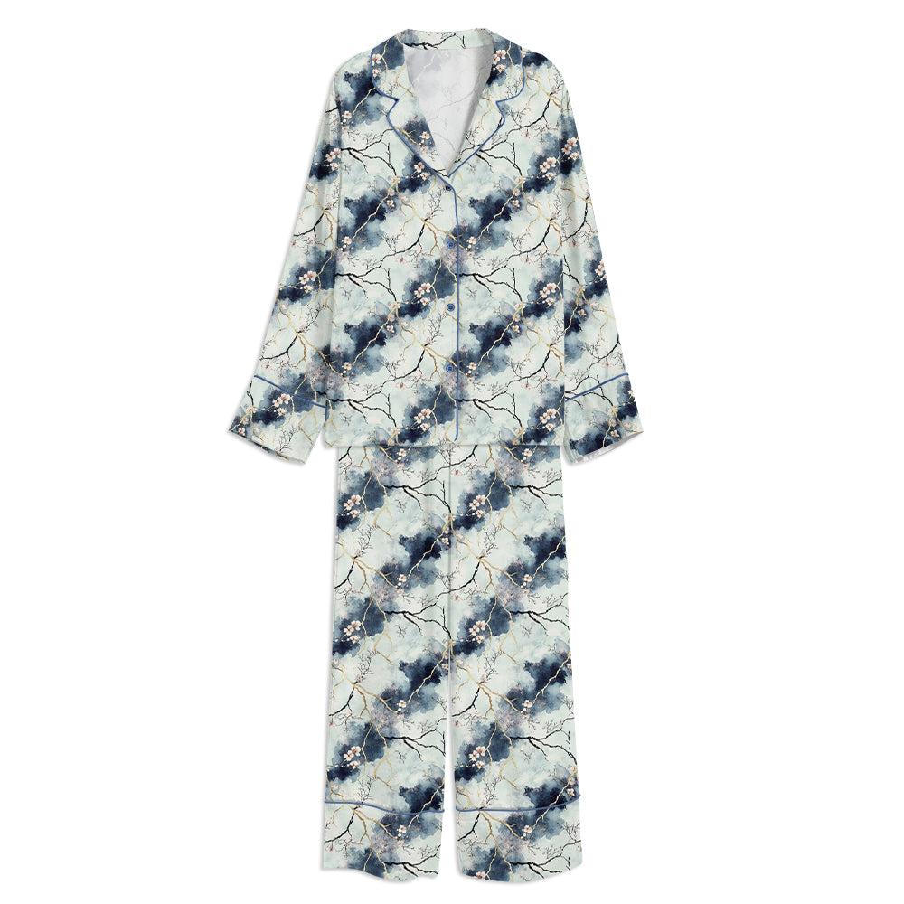 Japanese Kintsugi Indigo & Gold Wabi-Sabi Unisex Long Sleeve Satin Pajama Set