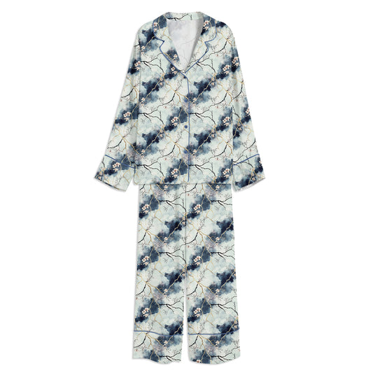 Japanese Kintsugi Indigo & Gold Wabi-Sabi Unisex Long Sleeve Satin Pajama Set