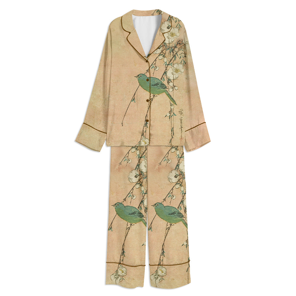 Japanese Flowers Botanical Art Unisex Long Sleeve Satin Pajama Set