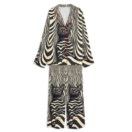 Japanese Striped Cat Portrait Unisex Long Sleeve Satin Pajama Set