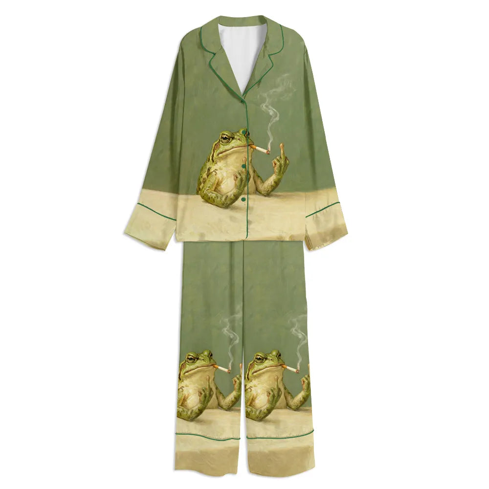 Vintage Frog Smoking Frog Middle Finger Unisex Long Sleeve Satin Pajama Set