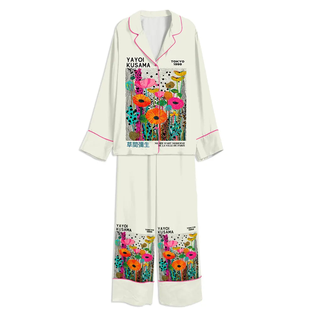 Tokyo-mood Yayoi Kusama  Botanical Art Print Unisex Long Sleeve Silky Satin Pajama Set