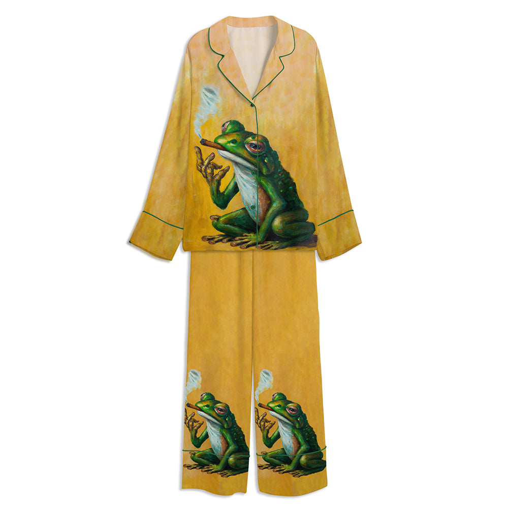 Japanese Cool Frog Smoking Cigarette Unisex Long Sleeve Satin Pajama Set