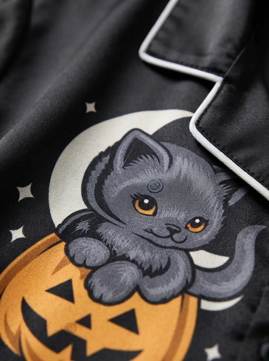 Tokyo-Mood Halloween Midnight Pumpkin Cat Unisex Long Sleeve Silky Satin Pajama Set