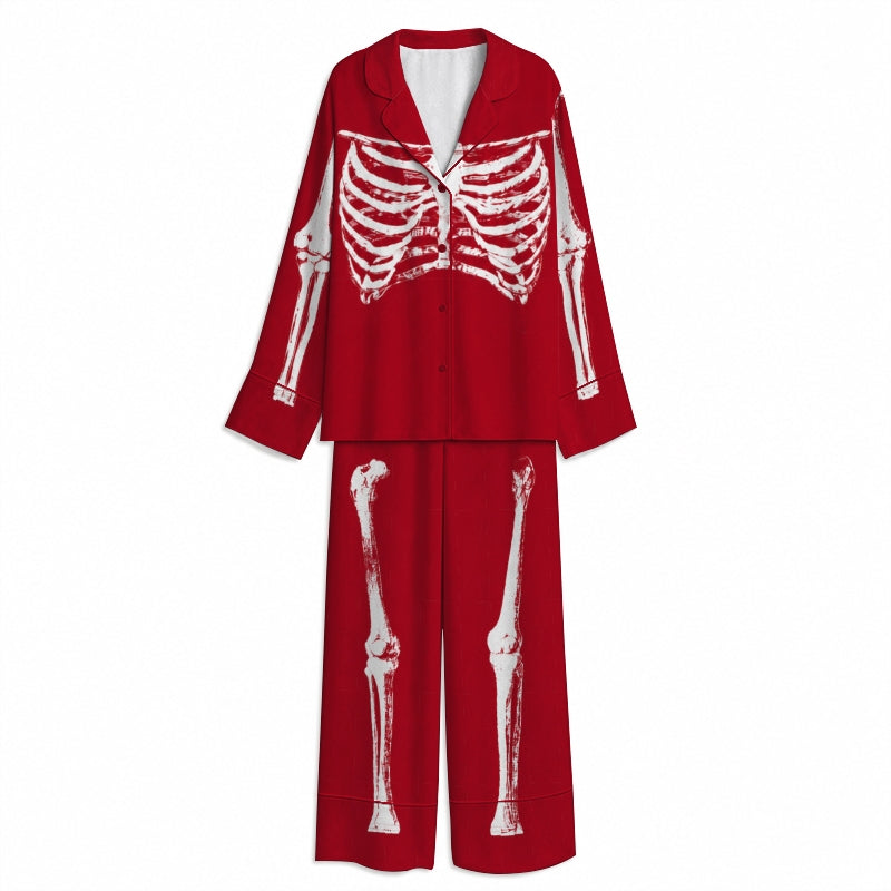 Tokyo-mood Halloween Bloody Skeleton Red Unisex Long Sleeve Silky Satin Pajama Set