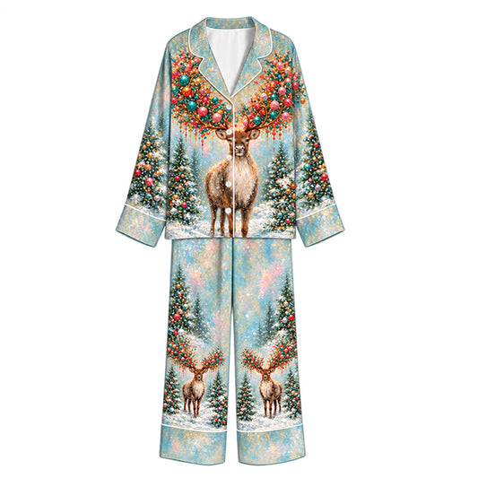 Tokyo-Mood Christmas Ornament Antler Reindeer Icy Blue Unisex Long Sleeve Silky Satin Pajama Set