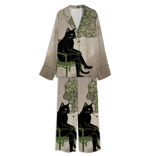 Funny Black Cat Smoking A Cigarette Unisex Long Sleeve Satin Pajama Set