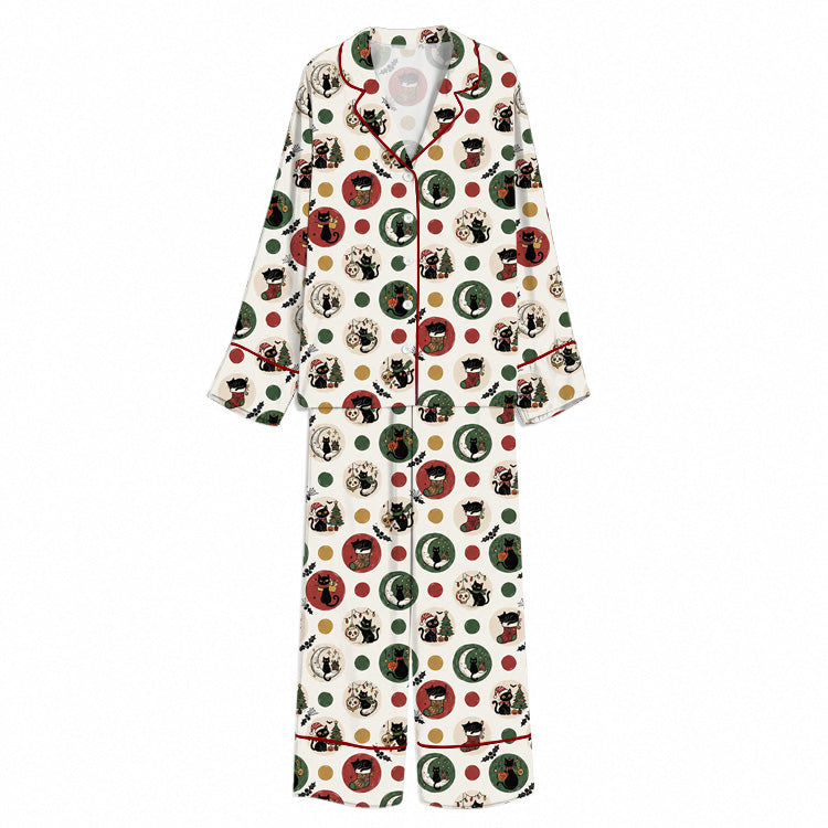 Tokyo-Mood Christmas Holiday Cat Portrait Polka Dot Unisex Long Sleeve Silky Satin Pajama Set