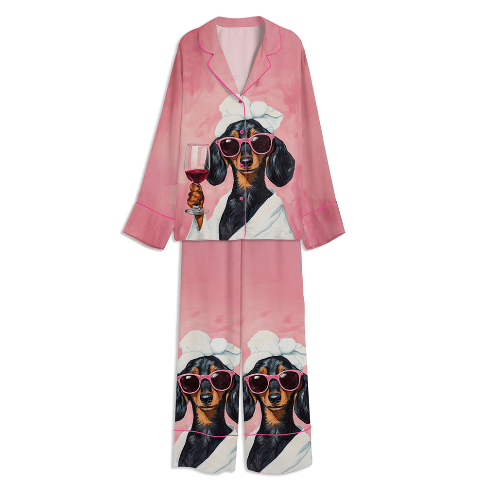 Dachshund Wine Bathroom Dog Art Unisex Long Sleeve Satin Pajama Set